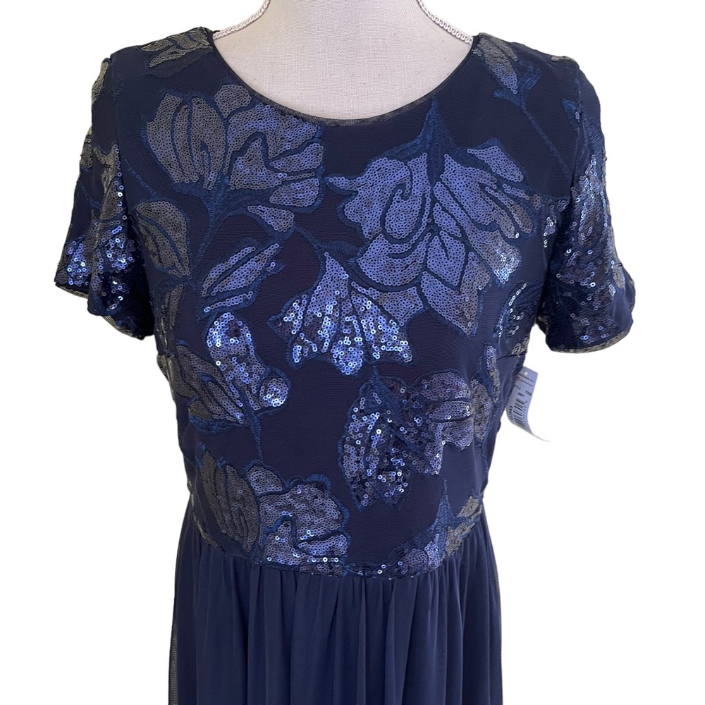 R&M Richards Navy Blue Sequined Bodice Short Sleeve Mesh Skirt Formal Dress - Picture 4 of 13